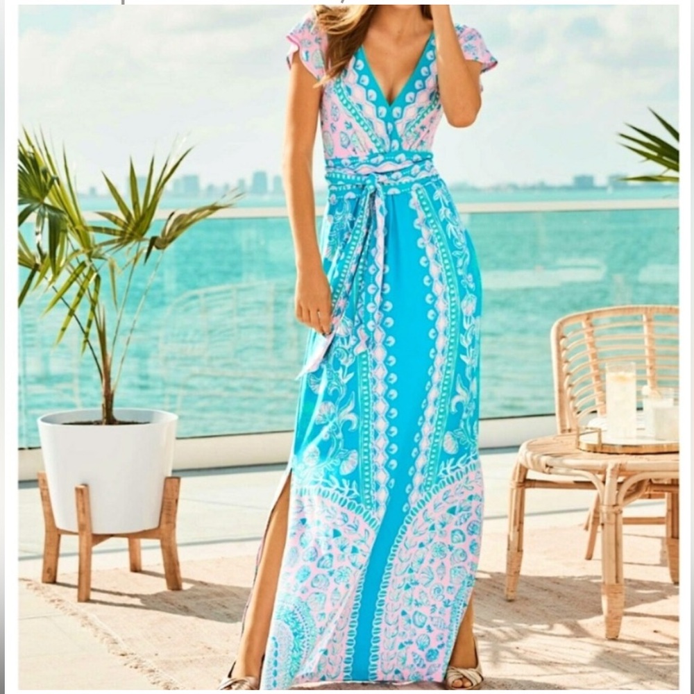 Lilly Pulitzer Esmarella maxi dress in turquoise teal water ya waiting for